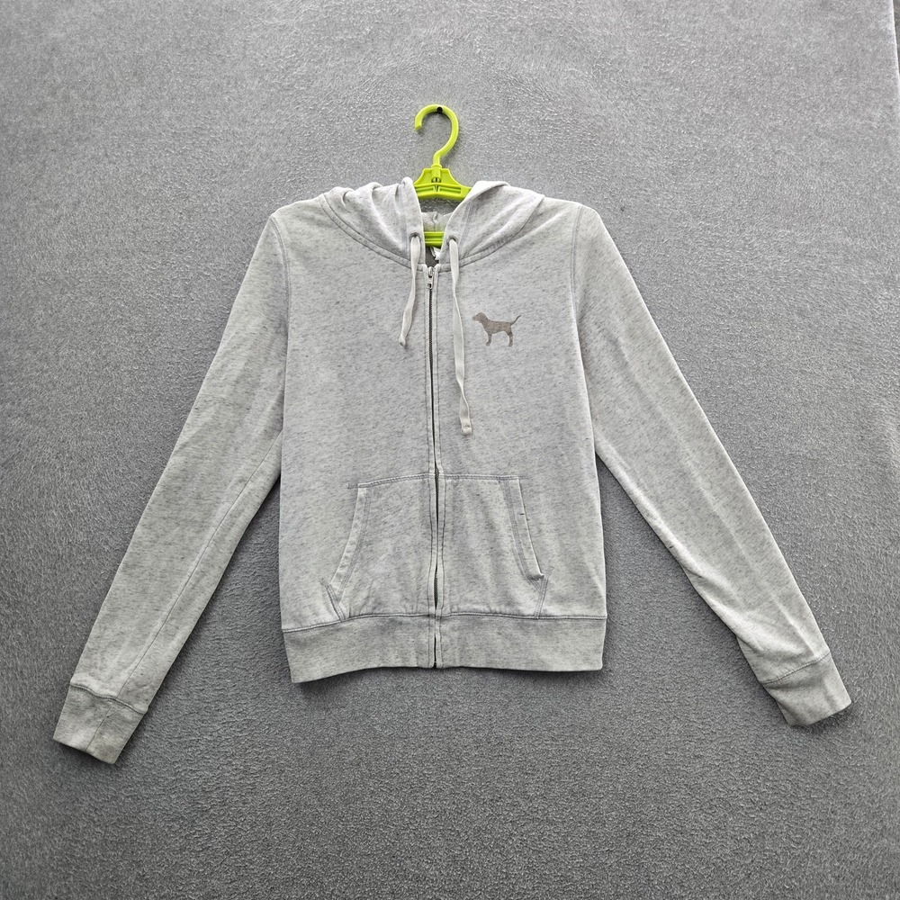 PINK Victoria's Secret Women Hoodie M Gray Dog Campus Varsity Logo Full Zip